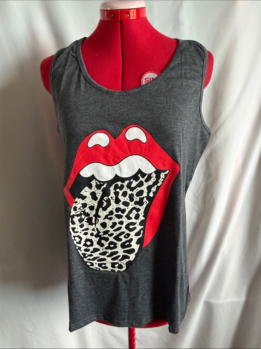Women’s Charcoal Graphic Tank Top with Red & White Lip Print